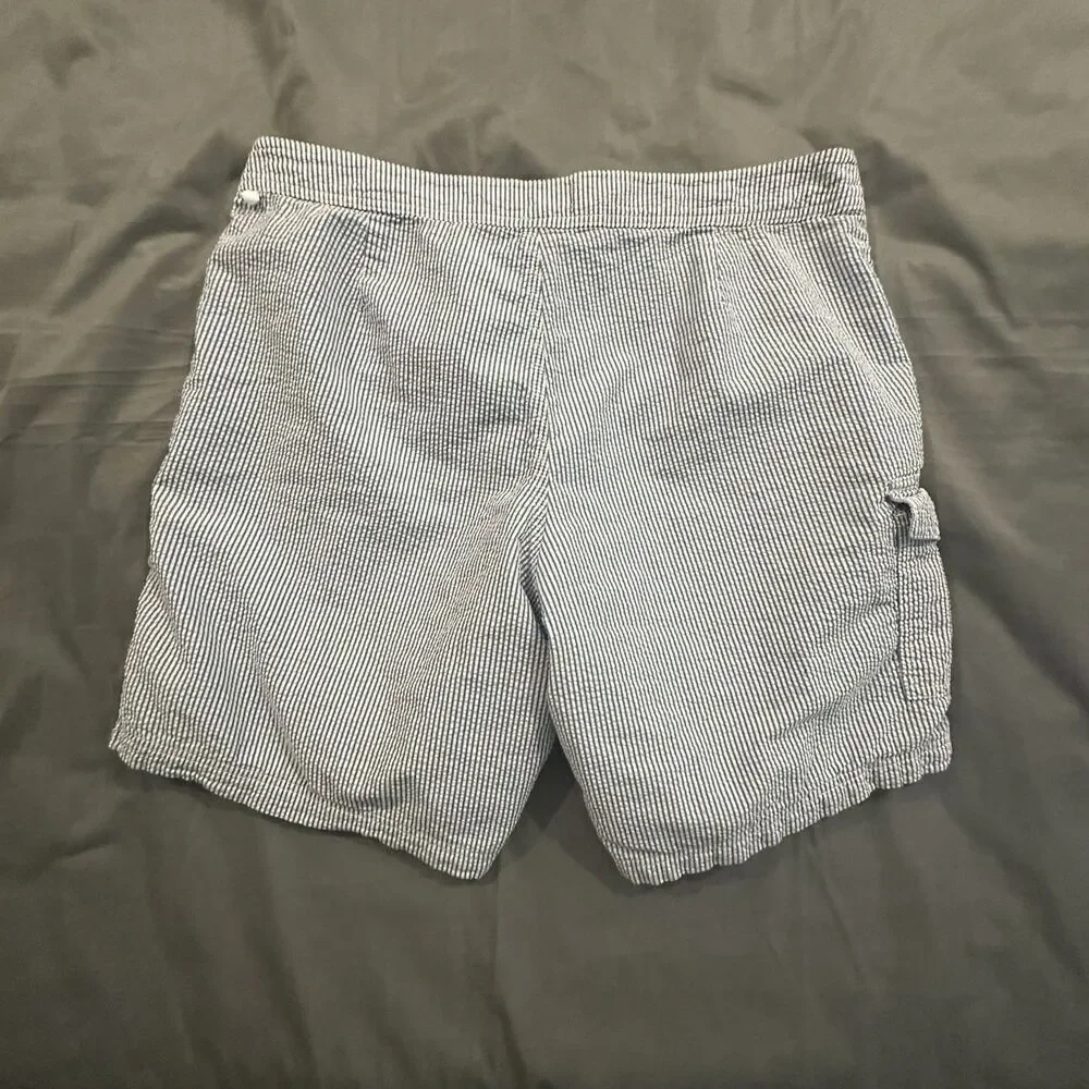J.Crew Seersucker Board Short Mens 35 Striped Lined Swim Trunks Beach Pool Blue